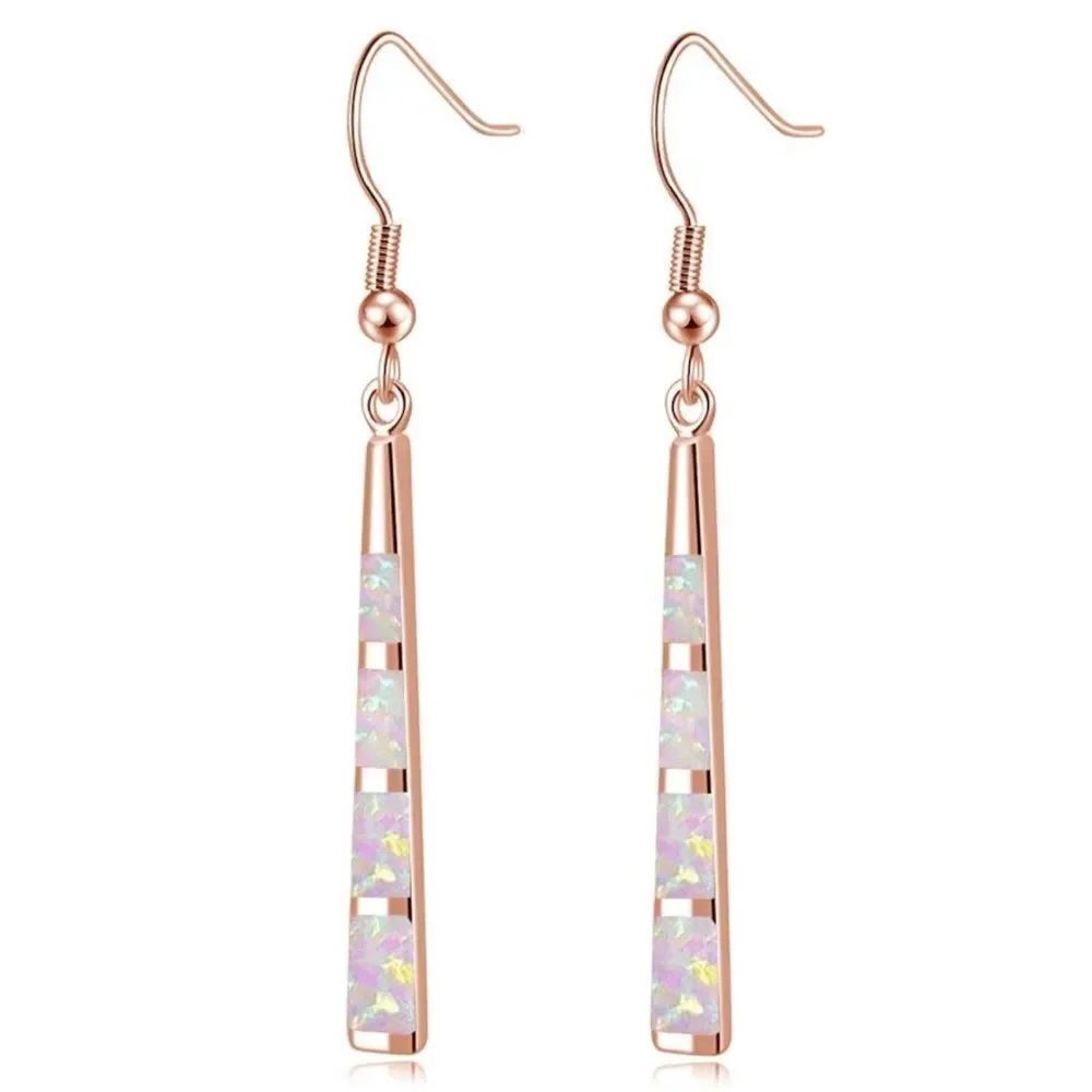 14K Rose  Gold with Genuine Pink Fire Opal Dangling Hook Tapered Bar Earrings